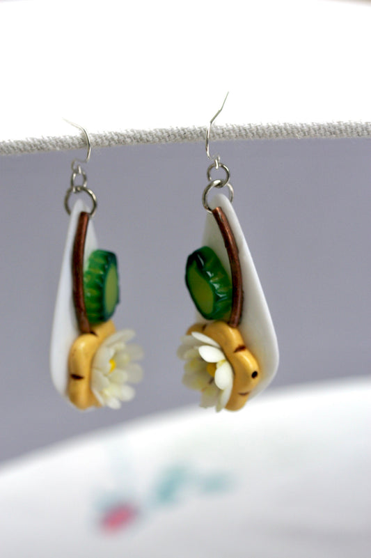 Unique Beadwork collage daisy flower earrings with sterling silver ear wires