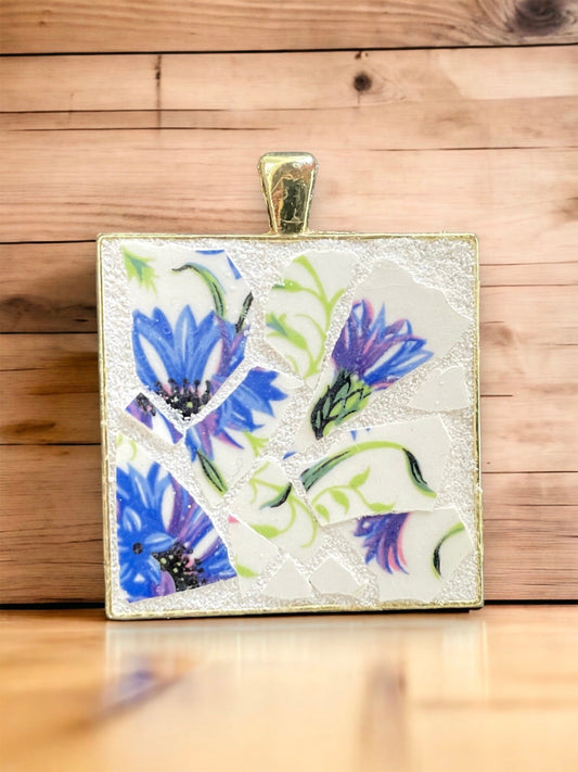 Handmade mosaic floral necklace - made of an upcycled broken vintage plate