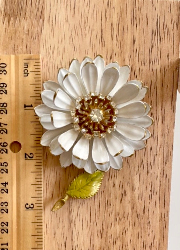 Revised, Modernized, Upcycled - hand made / hand painted one-of-a-kind mixed media vintage white flower pin with rhinestones
