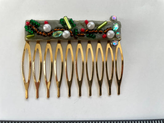 Mixed Material Mosaic Christmas themed metal hair comb - micro mosaic / collage / Assemblage art / Millefiori