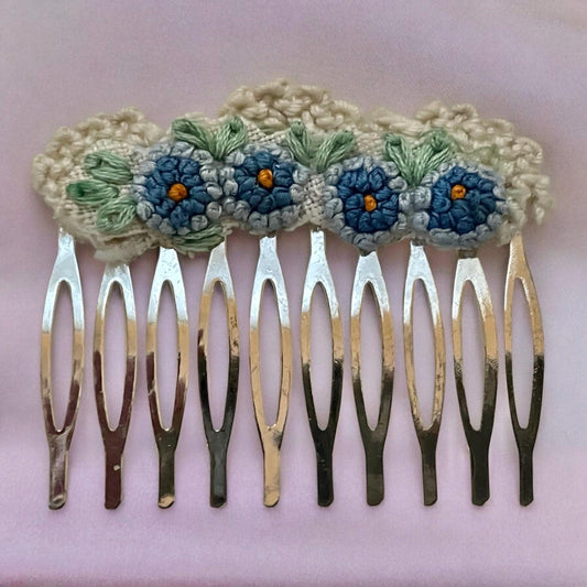 Floral hair comb handmade with embroidery and lace salvaged from vintage linens