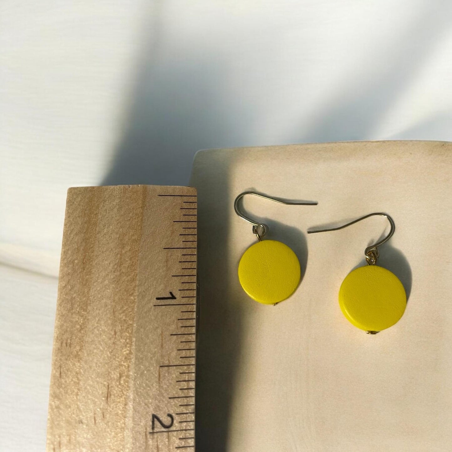 Handmade wooden dangle earrings - simple yellow drop earrings - lightweight, easy to wear, wood earrings, yellow earrings