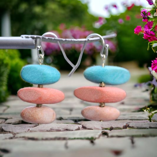 Turquoise and terra cotta colored dyed vintage drfitwood and metal spacers handmade dangle earrings
