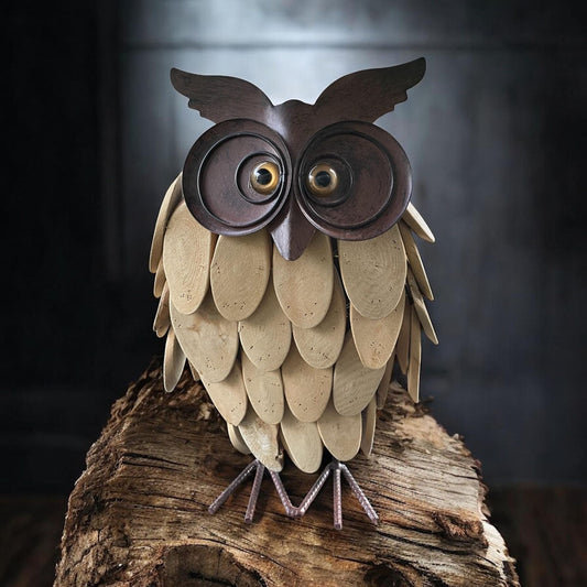 Driftwood & Metal Owl Sculpture – Mid century modern MCM style - Rustic Wooden animal figural Art figurine