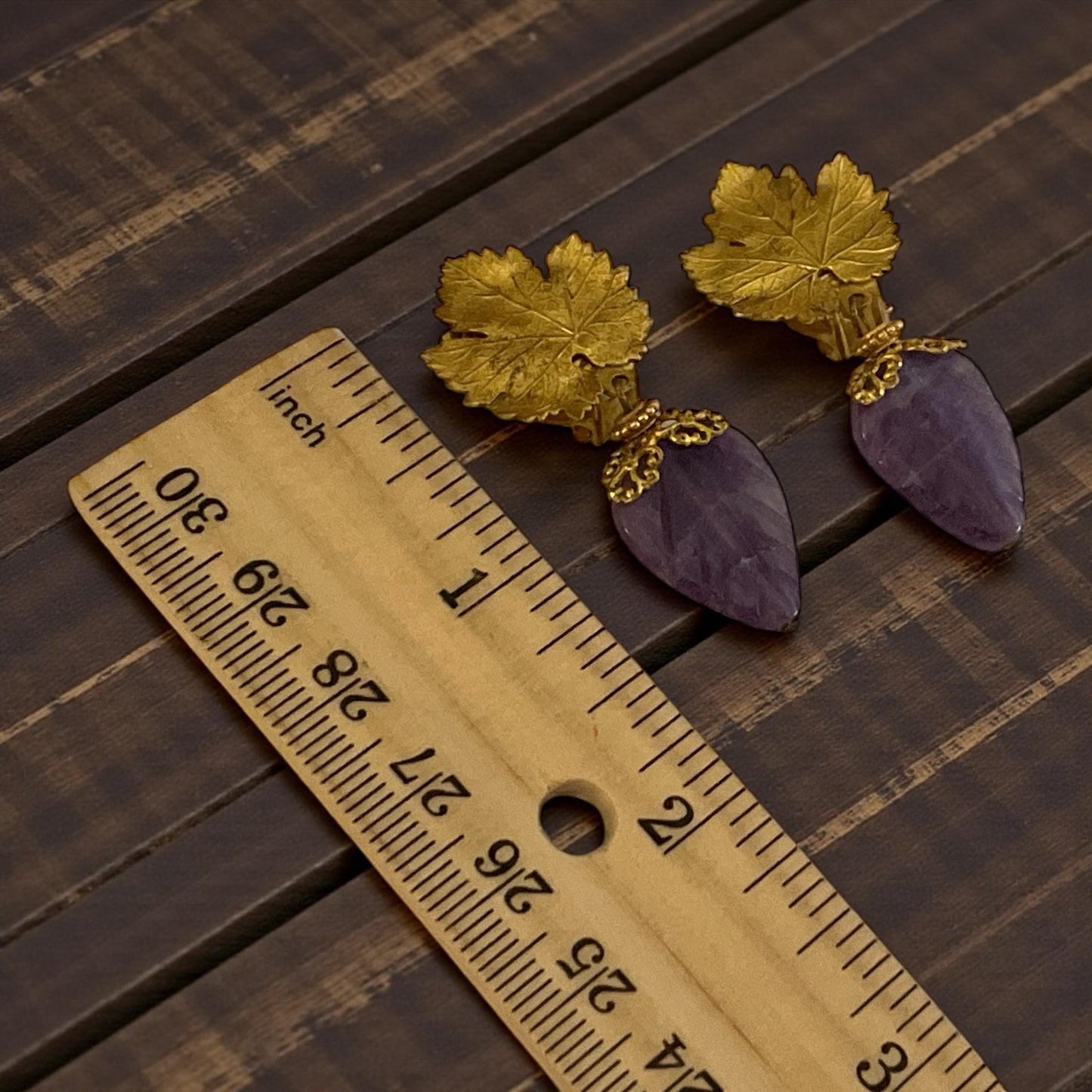 Vintage Goldtone Leaves Clip On Earrings with Carved Amethyst Drops | Retro Statement Jewelry
