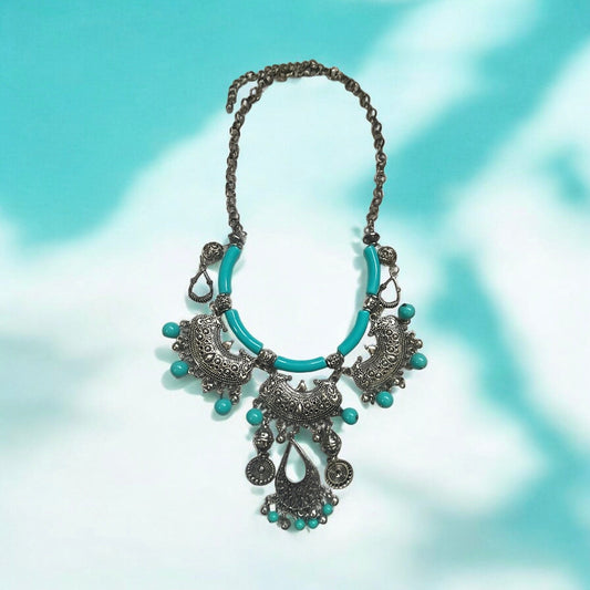 Exotic Indian style necklace with turquoise beaded balls/tubes and ornate silver trim