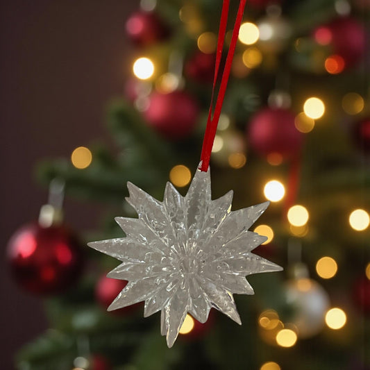 Waterford Crystal Snowstar Starburst Christmas Tree Ornament – Clear Cut Crystal Snowflake with Red Ribbon – Waterford Christmas Decor
