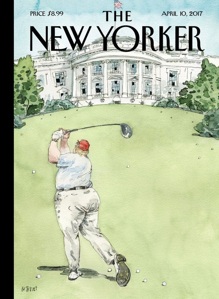 April 10, 2017 - The NEW YORKER Magazine original cover - Trump golfing