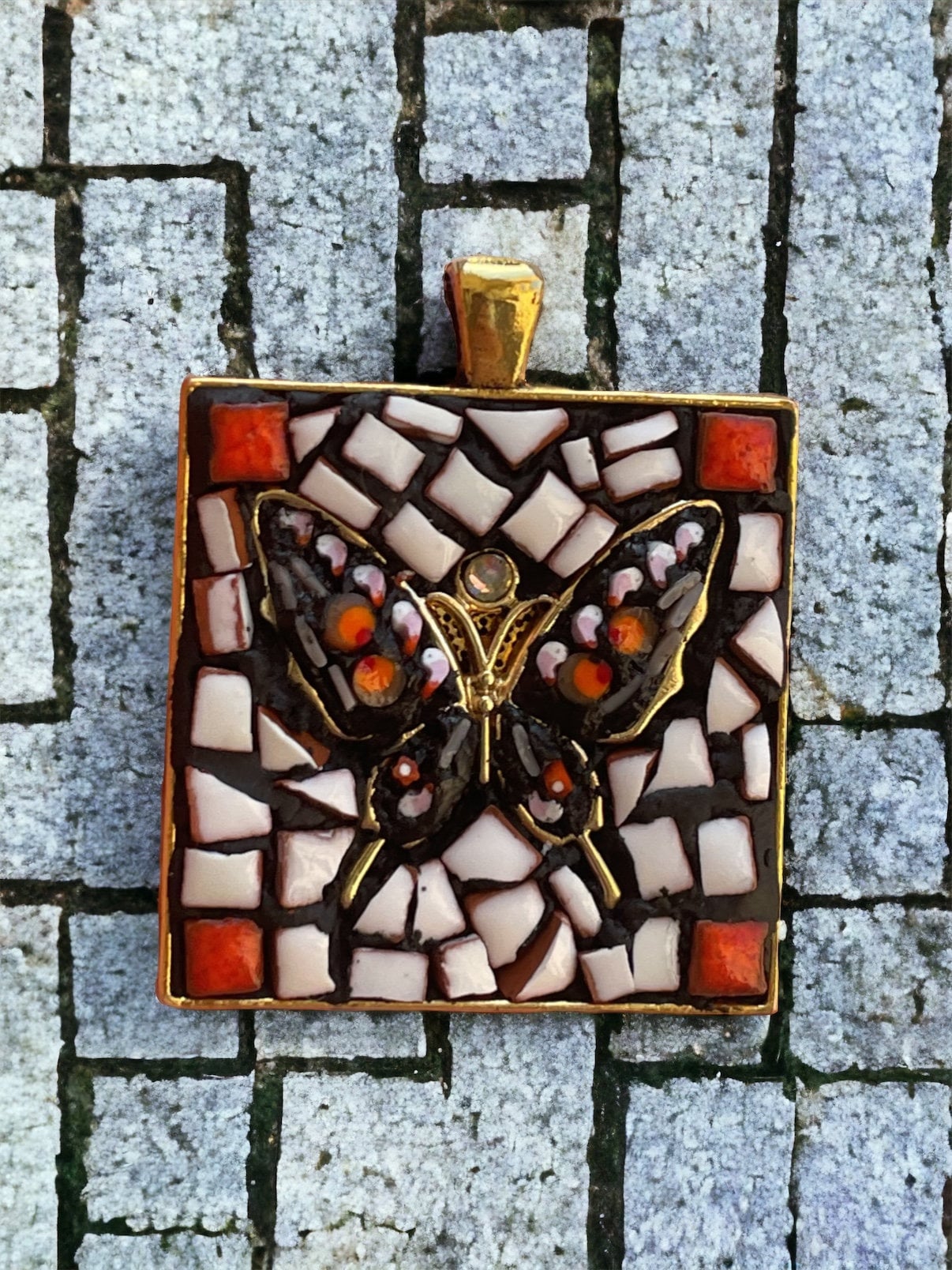 Handmade mixed material hand cut tile and Italian micro mosaic glass - square butterfly necklace