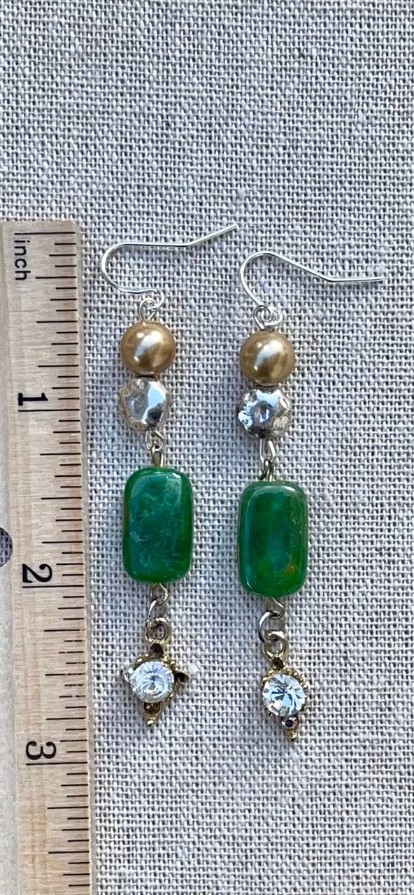 Unique long dangle earrings made with new and vintage mixed materials - hammered metal, gold faux pearls, vintage green drops and charms