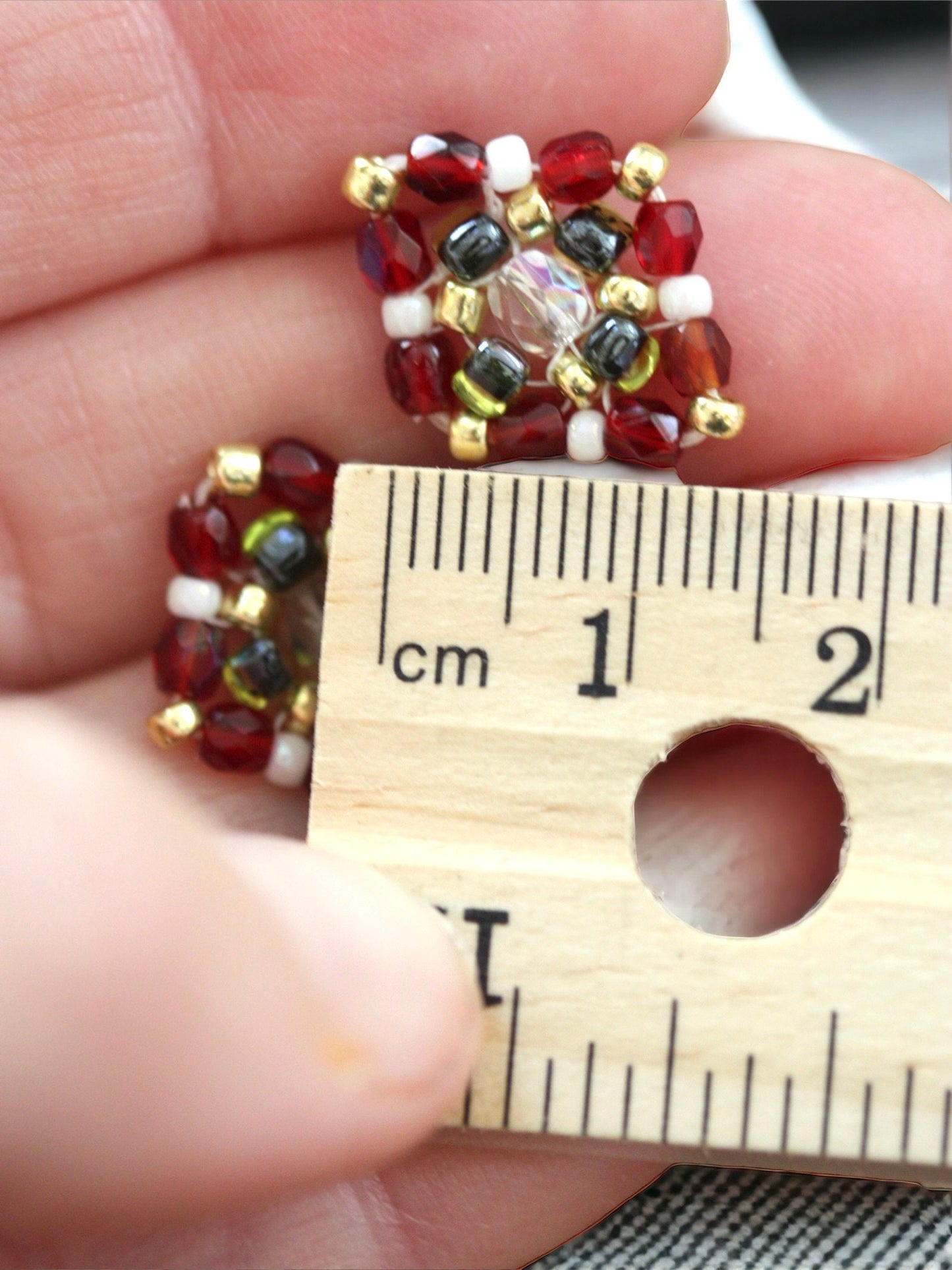 Small little hand beaded beadwork stud earrings - red, green, gold and white - crystals and seed beads