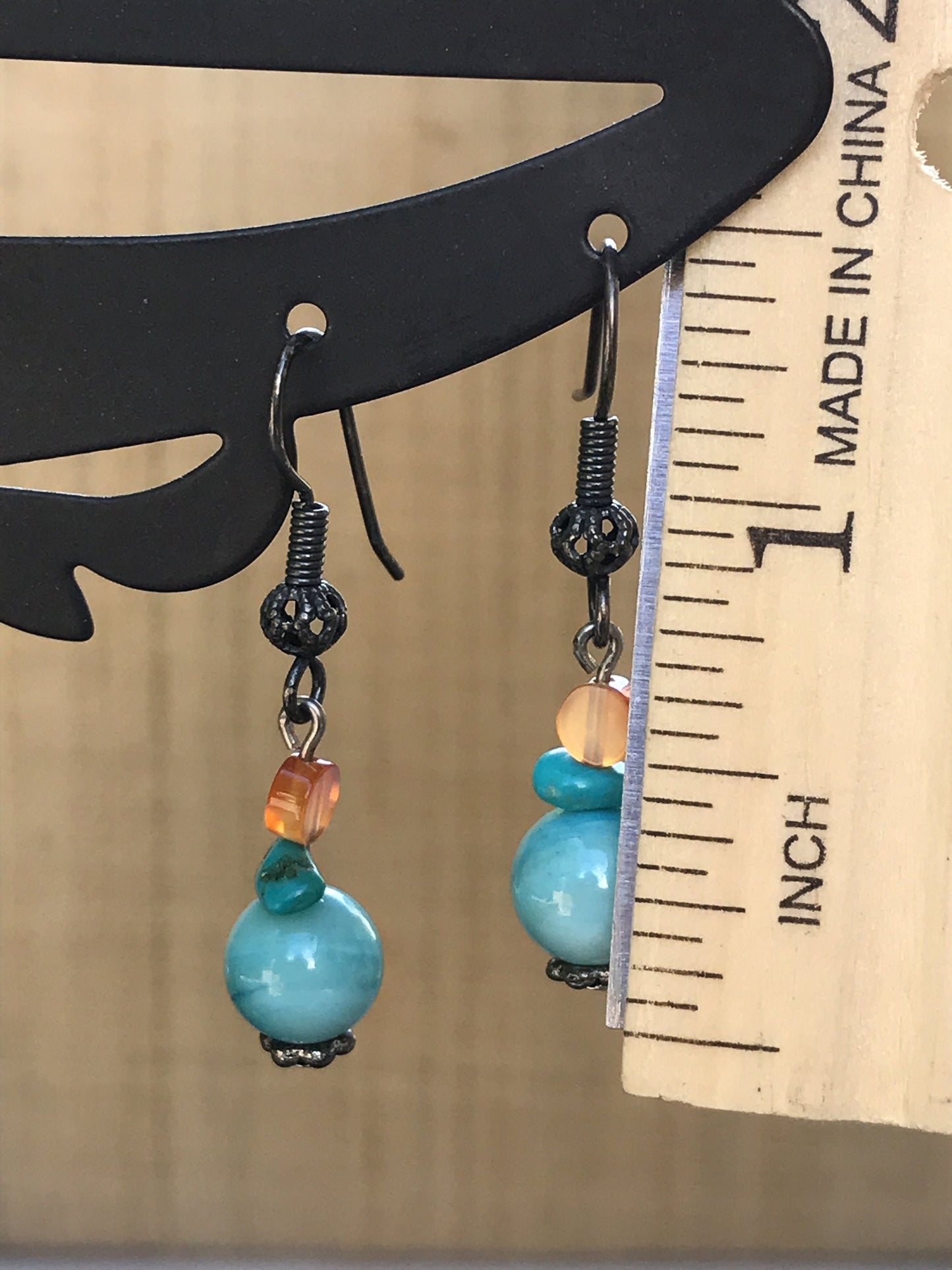 Stunning vintage blue and orange vintage dangle earrings - gemstone chip, bead and glass