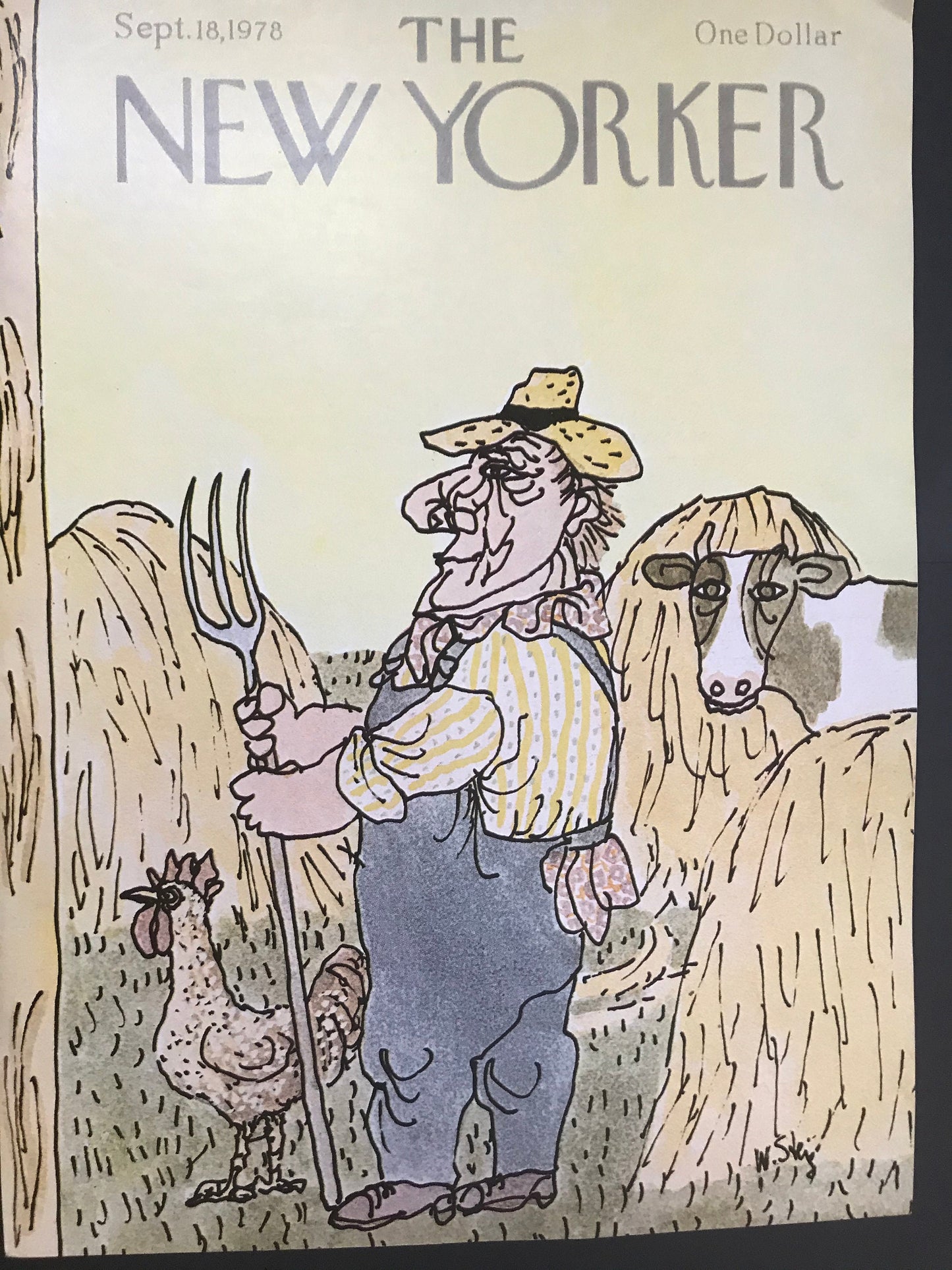 September 18, 1978 - The NEW YORKER Magazine original cover by William Steig - A farmer stands with his rooster and cow in a field of hay