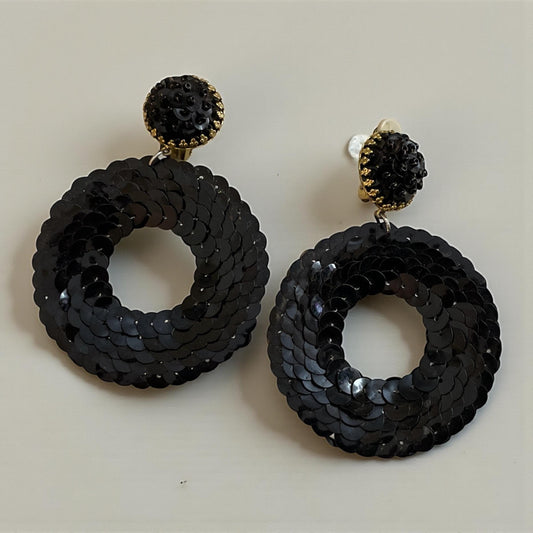 Vintage Black Sequined Clip-On Hoop Earrings – 3" Statement Dangles Glam