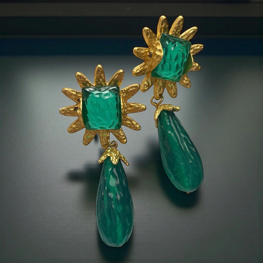 Vintage Green Drop Earrings • Gold Sunburst Statement Earrings • Bold Retro Dangle Jewelry