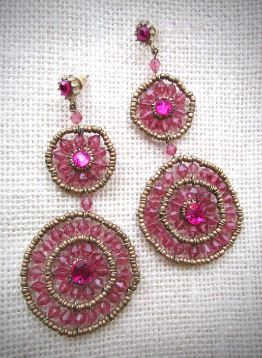 Very long handcrafted vintage pink & gold beaded earrings - mandala style