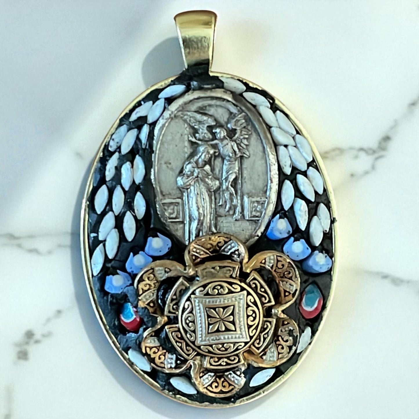 Handmade Micro Mosaic Oval Necklace β Vintage Christian Pendant and Damascene surrounded by hand cut Inlaid Glass Mosaic β Mixed Media