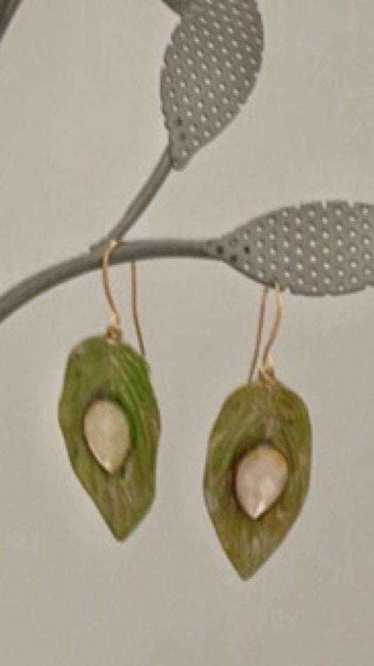 Handmade dangle earrings - Hand painted upcycled vintage leaf earrings with inlaid light pink cabochan