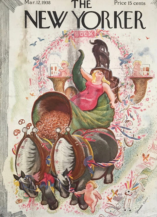 The NEW YORKER Magazine very rare original cover - March 12, 1938 - Garrett Price - Woman on float with beer and cornucopia of pretzels