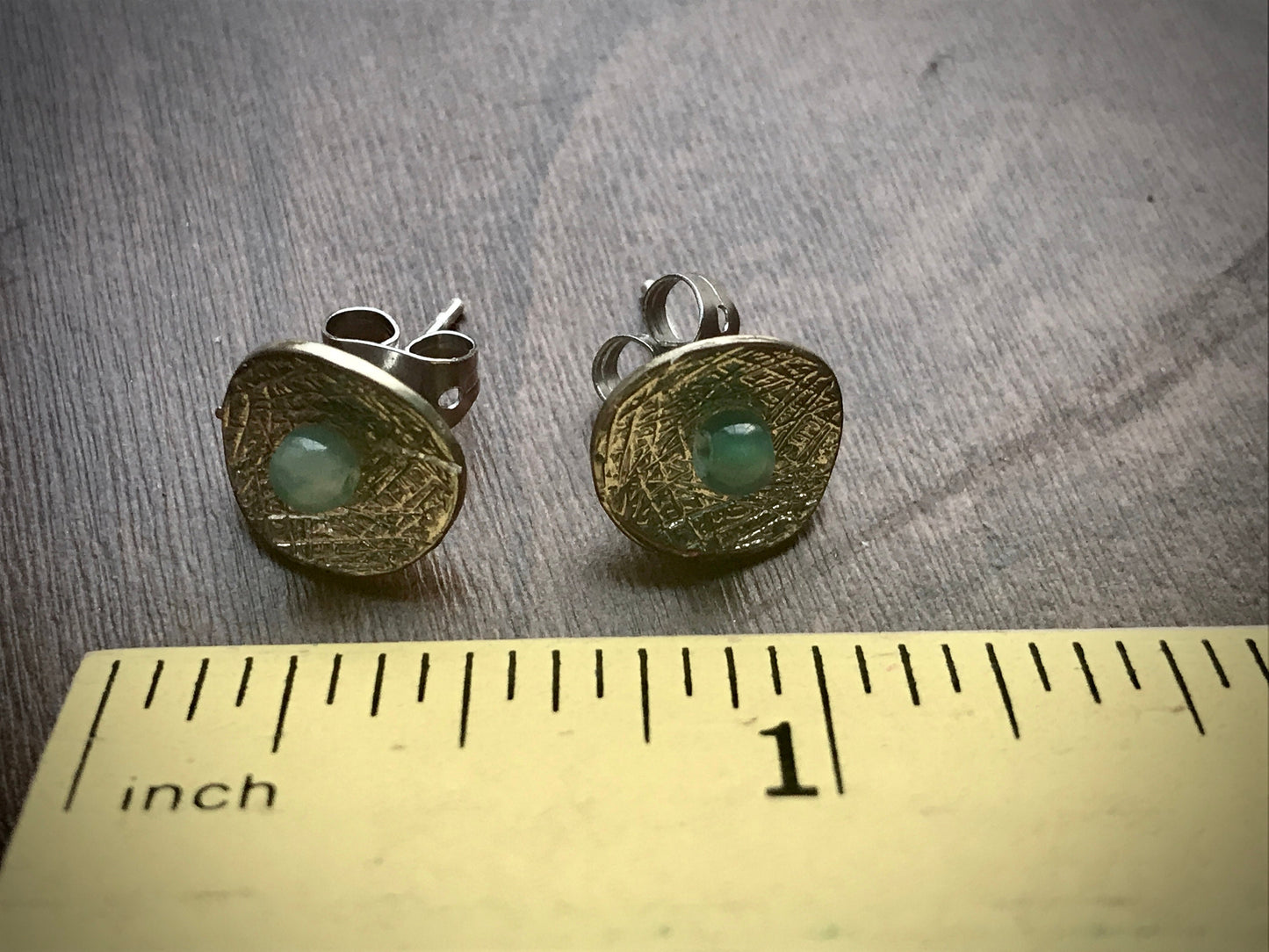 Etched metal with turquoise center little stud earrings