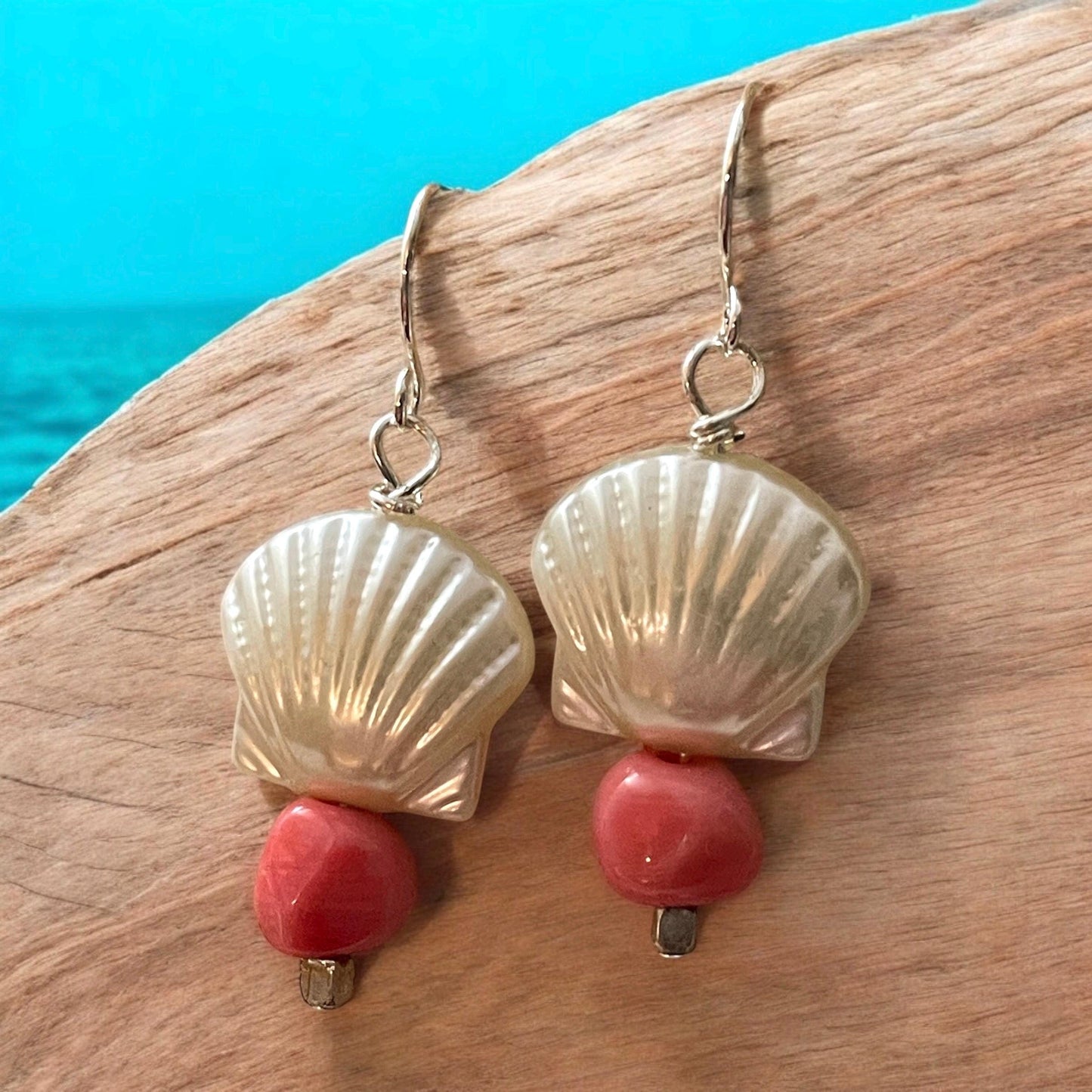 Faux Shell Earrings with peach Drops β Coastal Boho Dangle Earrings, Beach Jewelry, Lightweight Statement Earrings, Summer Accessories