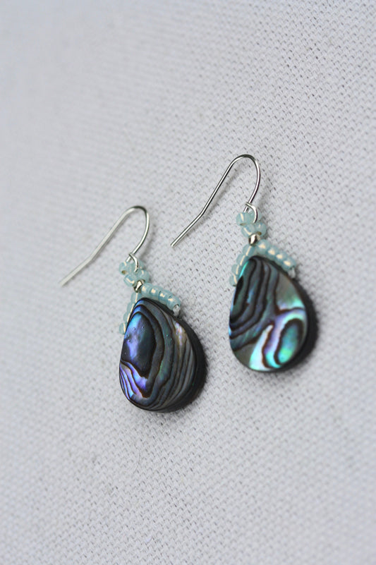 Beaded abalone shell teardrop shaped dangle earrings with sterling silver ear wires