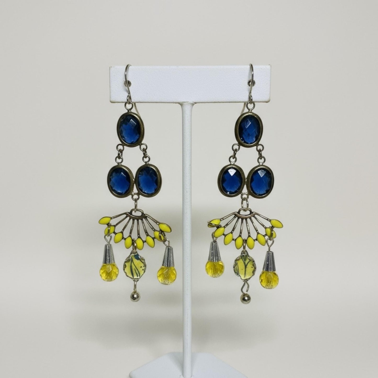 Chandelier Collage earrings - blue faceted crystals with yellow enamel and glass trim