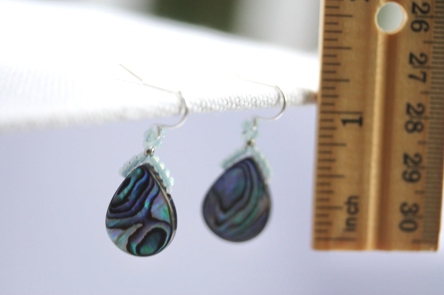 Beaded abalone shell teardrop shaped dangle earrings with sterling silver ear wires