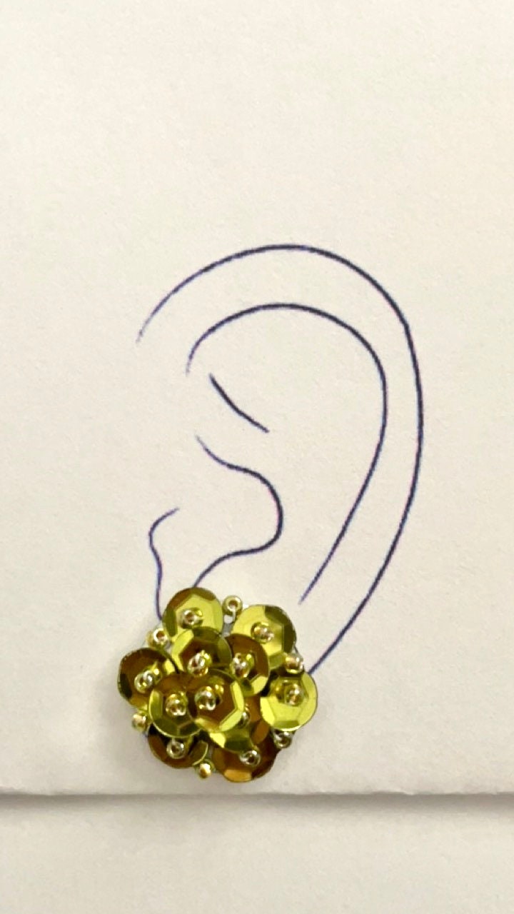 Gold sequin and beadwork stud earrings - for pierced ears OR clip on earrings - your preference