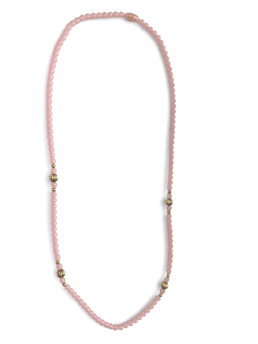 Vintage Pink Lucite Bead Necklace with Gold Ribbed Accent Beads, Blush Acrylic Statement Necklace, Minimalist Layering Jewelry