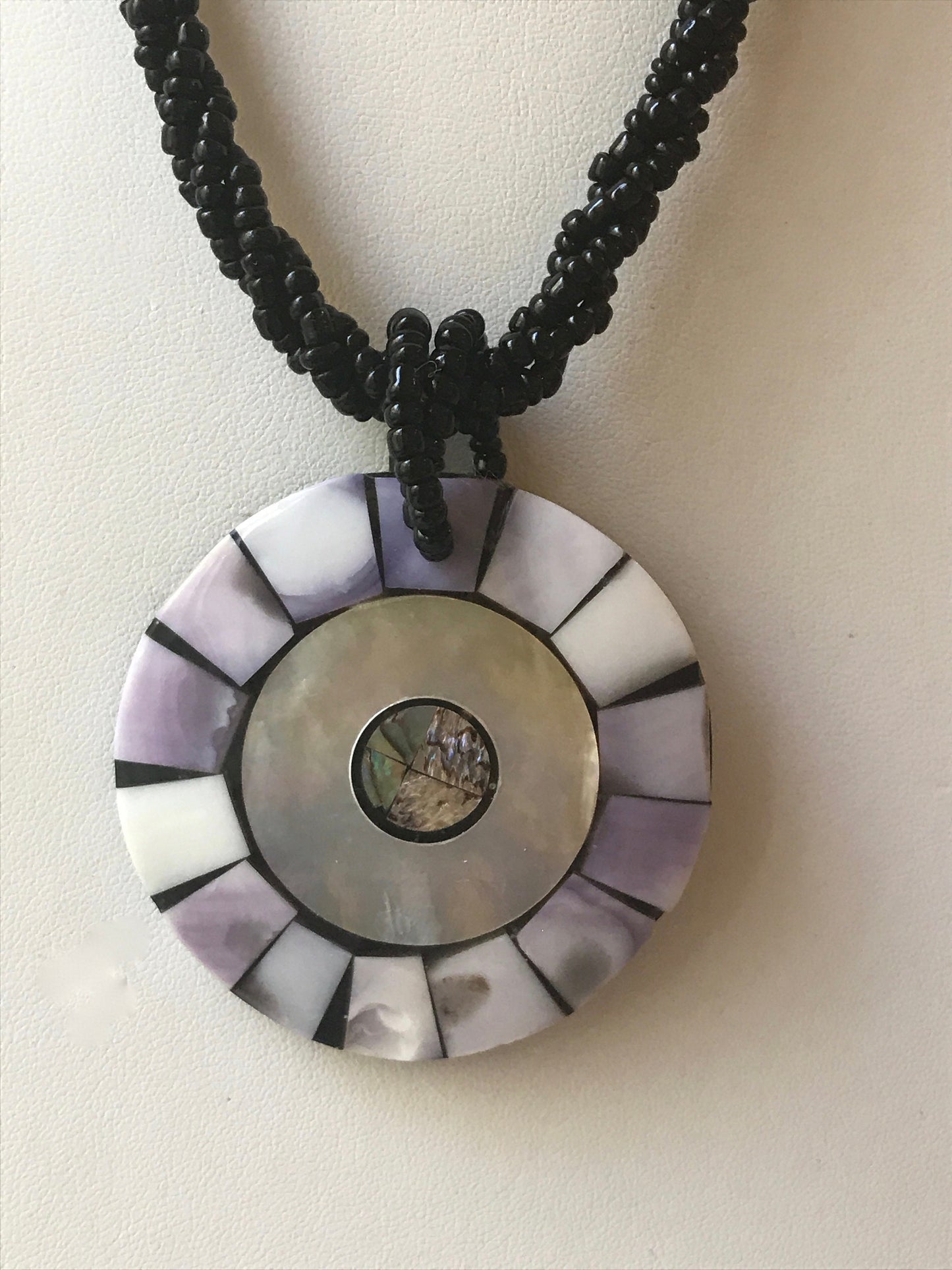 Vintage inlaid abalone and lavender mother of pearl on black multi strand seed beaded necklace