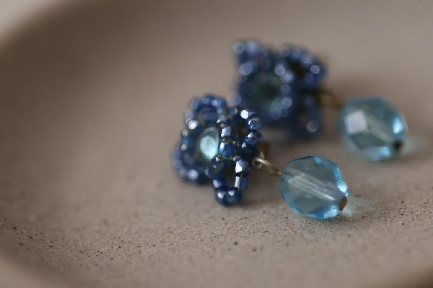 Blue Beaded Earrings with Light Blue Crystal Dangles, Vintage Dangle Earrings, Boho Drop Earrings Gift for Her