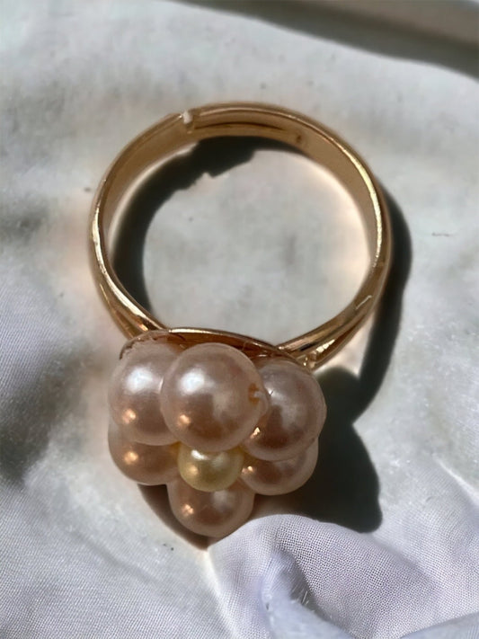 Adjustable ring handmade with pale pink and cream faux pearls