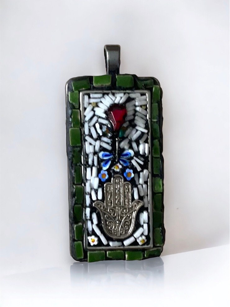 Hamsa - one-of-a-kind micro mosaic necklace with mixed material including metal, hand cut tile, glass, millefiori and rhinestone