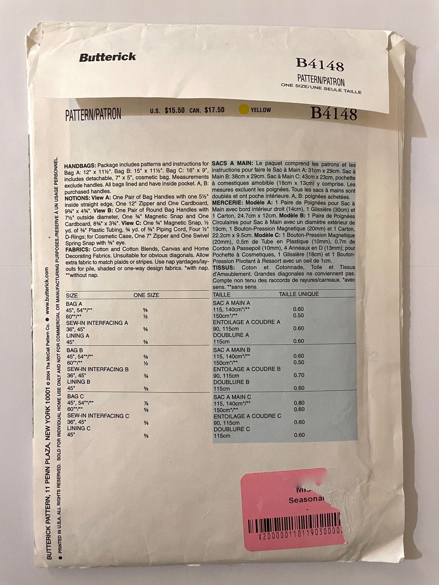 UNCUT Sewing Pattern - Butterick B4148 Handbags sewing pattern