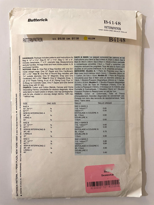 UNCUT Sewing Pattern - Butterick B4148 Handbags sewing pattern