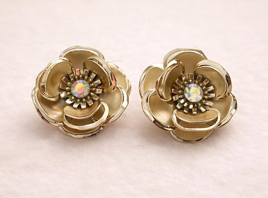 Vintage Gold Flower Clip-On Earrings with Aurora Borealis Rhinestone Centers