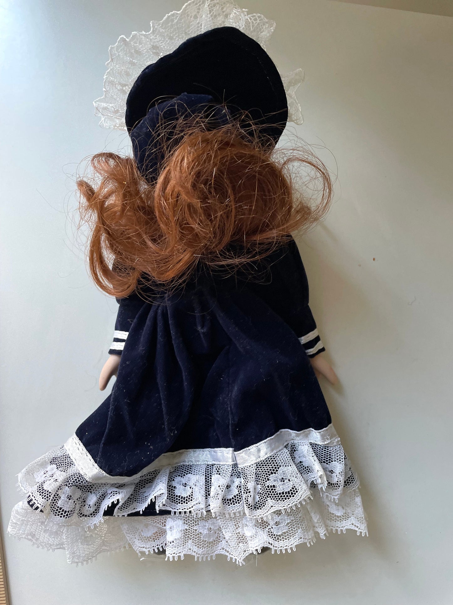 Vintage porcelain doll - red hair, royal blue velvet dress