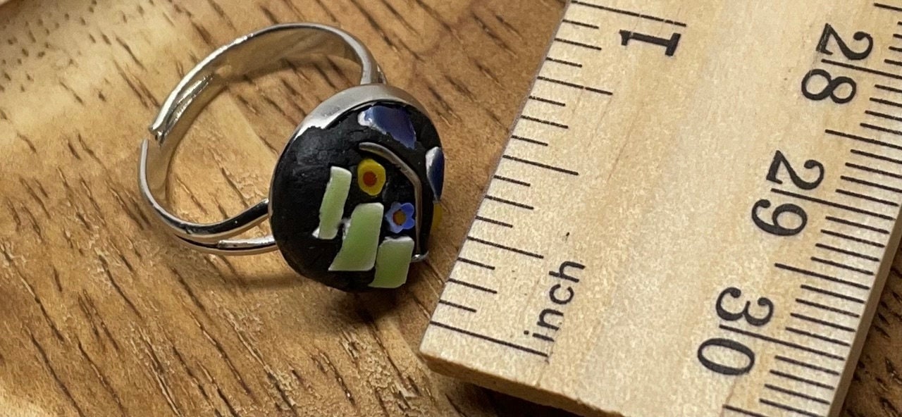 Handmade micro mosaic adjustable ring - Italian inspired - hand cut tile with millefiori flowers