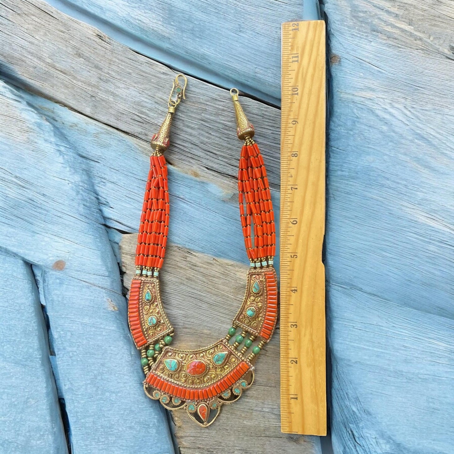 Boho Tribal Statement Necklace | Red Coral Beaded Ethnic Necklace | Tibetan Style Turquoise Brass Necklace | Bold Festival Jewelry