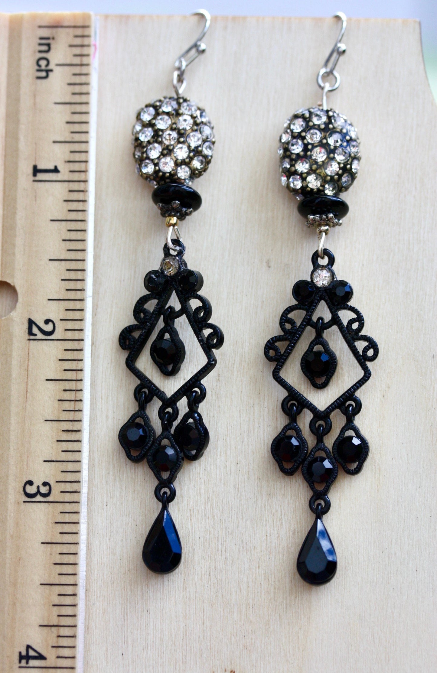Mixed materials one-of-a-kind handmade dangle earrings - upcycled vintage rhinestones, new and vintage elements