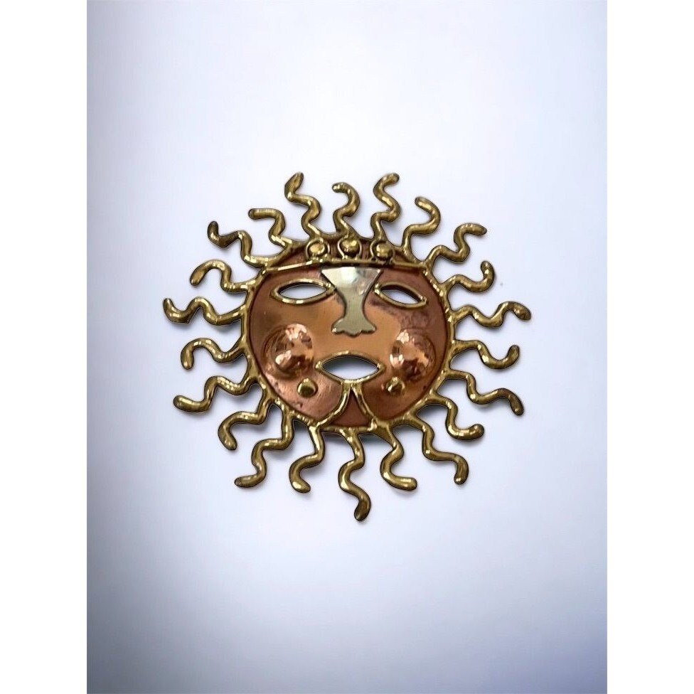 Dramatic Multi-metal Vintage Aztec Sun Mask Brooch Pin