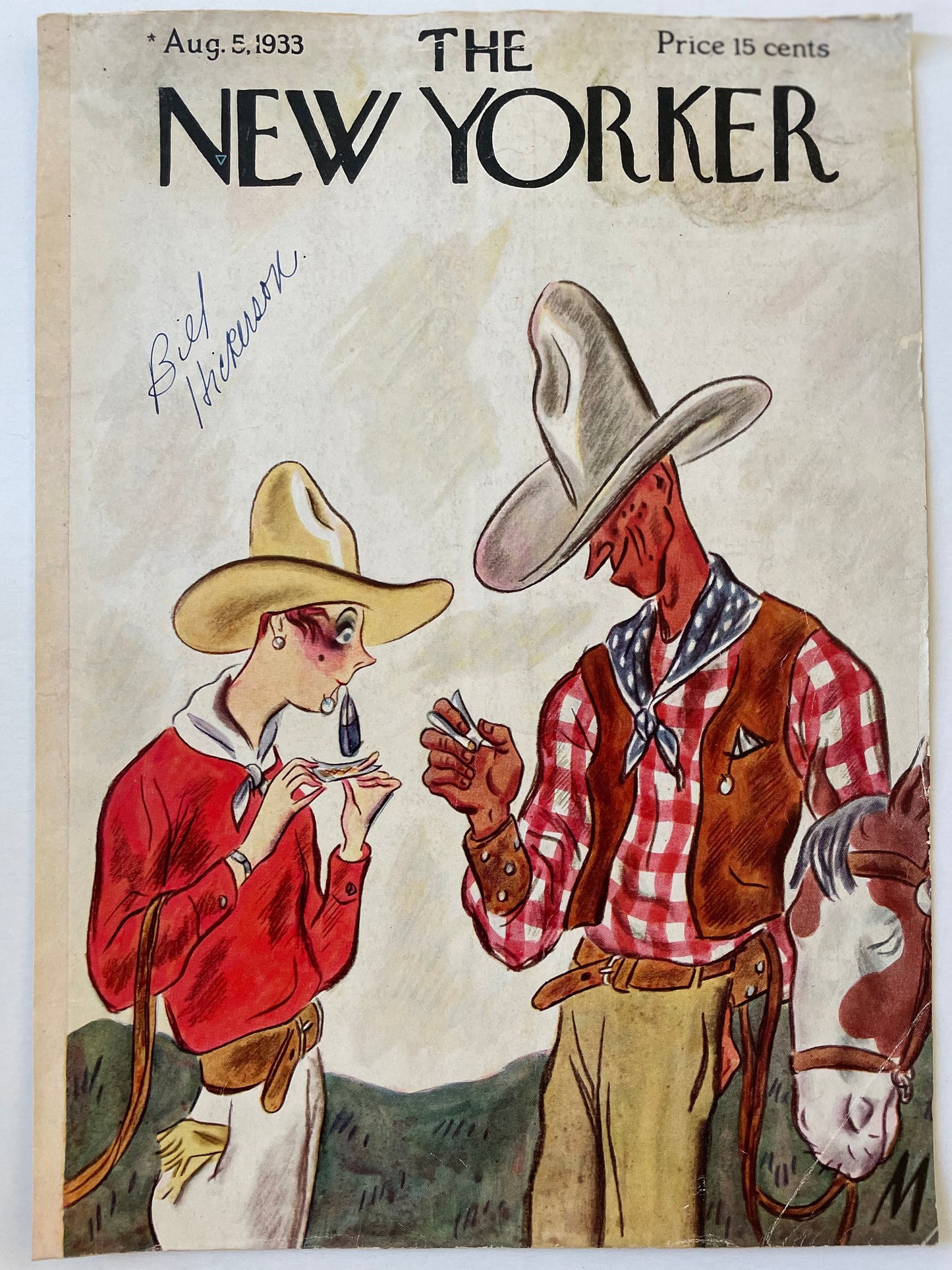 Very Rare, Very old NEW YORKER Magazine original cover - August 5, 1933 - cowboys/Western - Please read the description