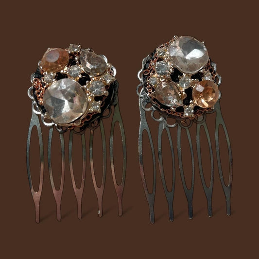 Handmade Jeweled Hair Combs – Vintage-Inspired Champagne and clear rhinestone Hair Accessories, Bridal or Evening Hairpiece (Set of 2)