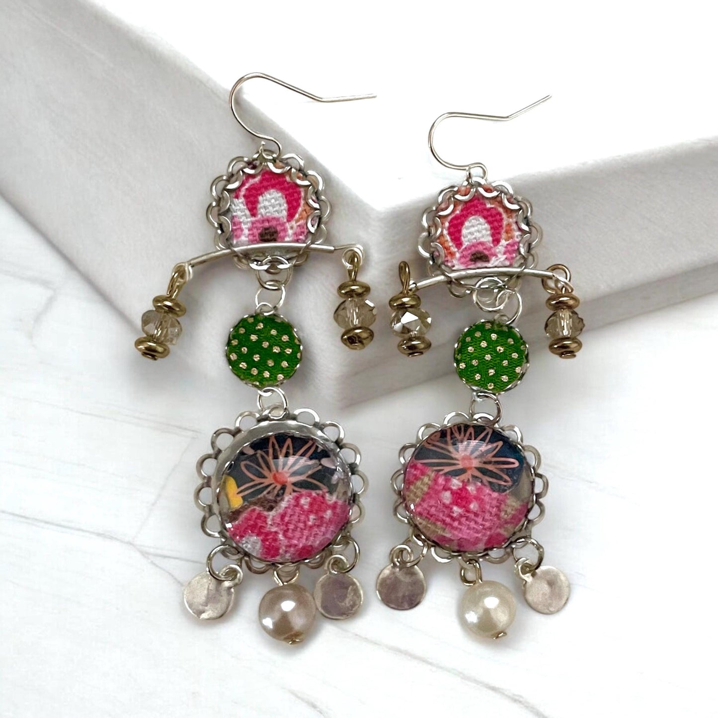 Handmade mixed media earrings made with fabric, paper, hammered metal, mixed metals, crystals and faux pearls. Sterling ear wires.