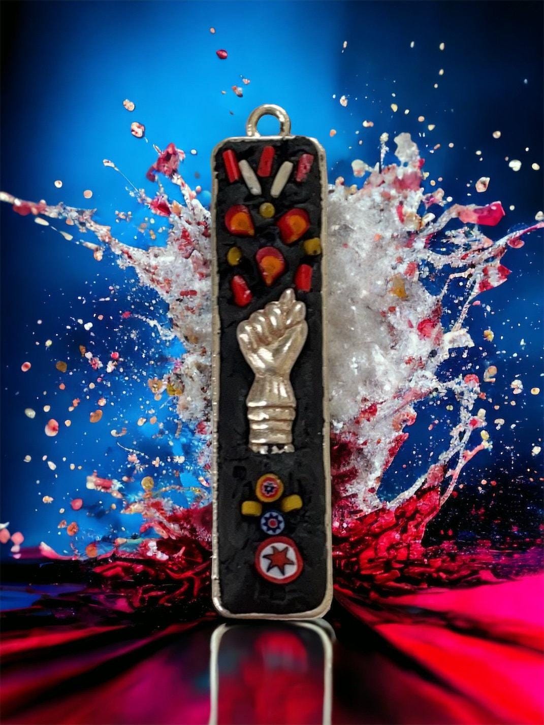 Mixed Material Mosaic Necklace: Floral Millefiori, metal hand