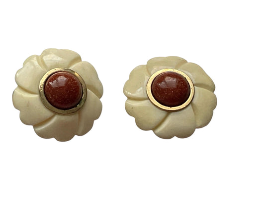 Vintage Carved Ivory-Tone Flower Clip Earrings with Cabochon Center | Retro Statement Earrings