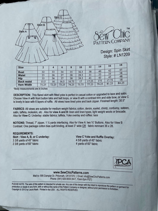 UNCUT Sewing Pattern - Sew Chic Pattern LN 1209 Flared Spin Skirt ~ Sizes 2 - 18