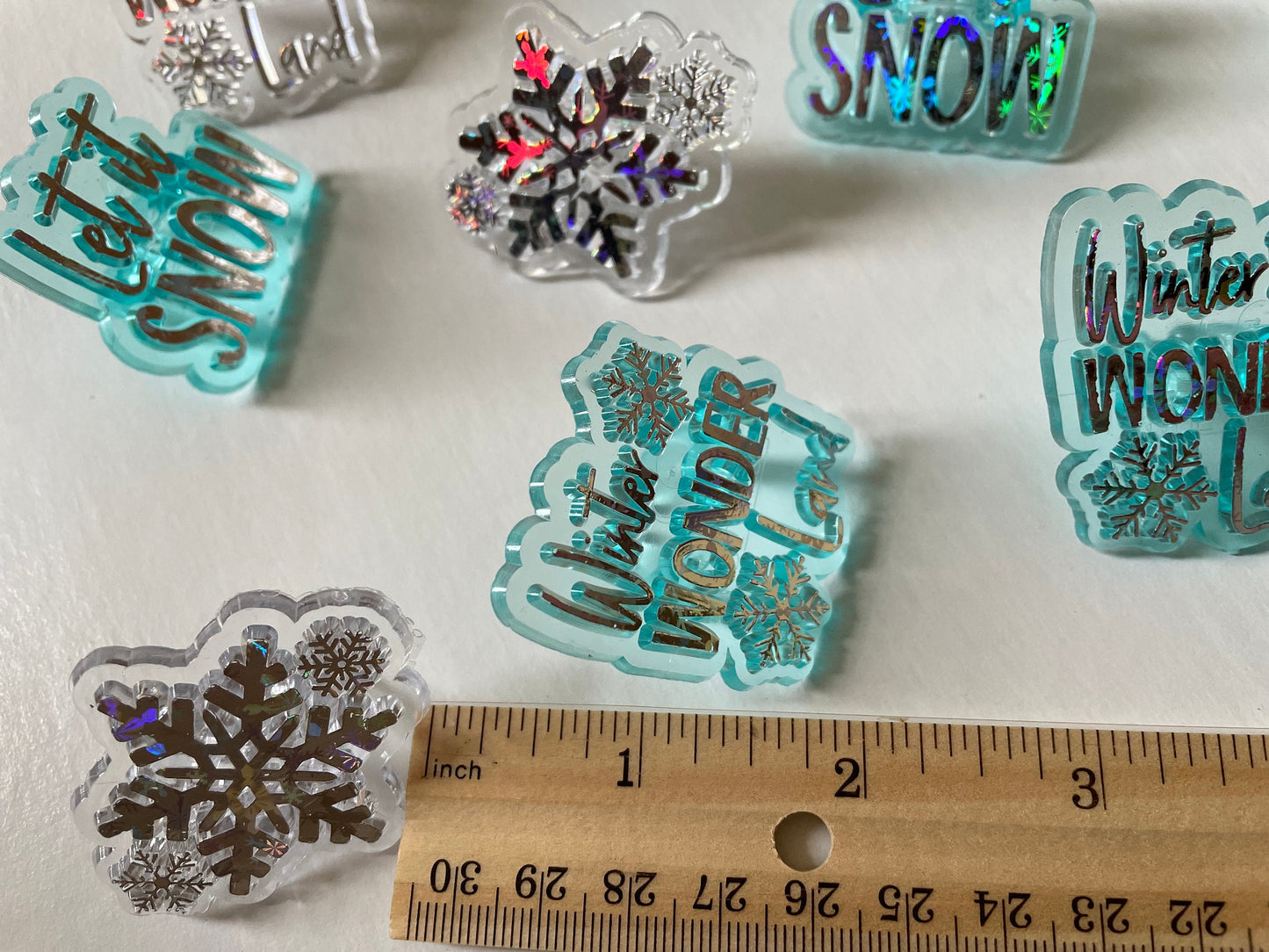 Winter themed plastic ring cake toppers - snowflakes, let it snow, winter wonderland - blue and clear iridescent