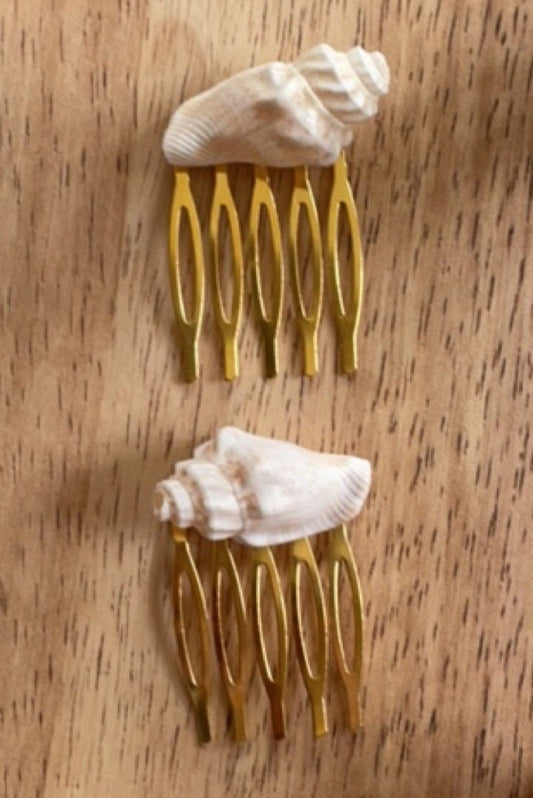 Pair of sea shell mini metal beach themed hair combs - 1" each